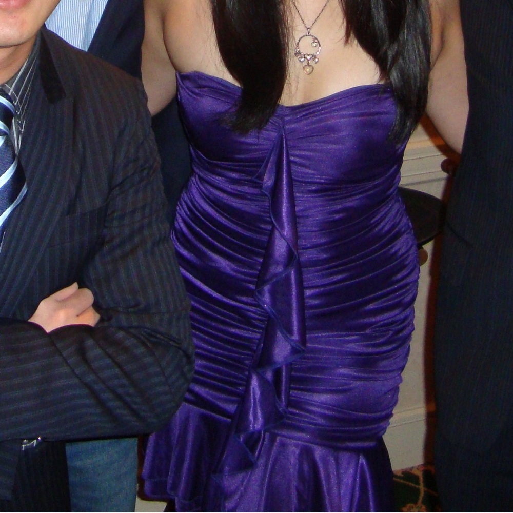 Strapless ruched purple bodycon dress